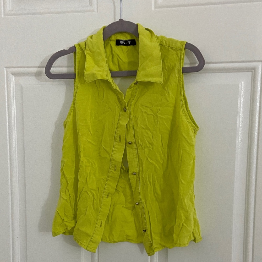 Lime Button Down open back Sleeveless Shirt